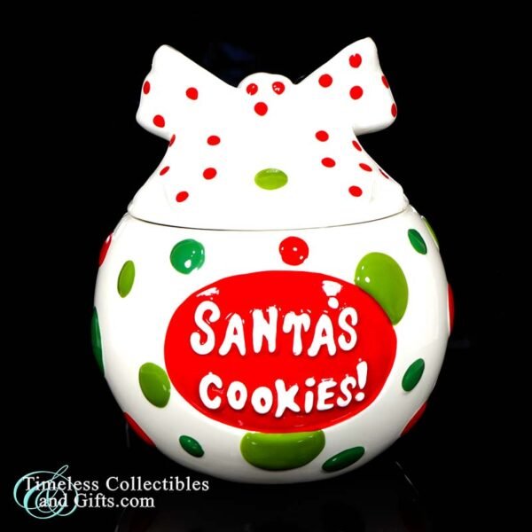 2008 Real Home Santas Cookies Earthenware Cookie Jar Polka Dot Bow Lid 1