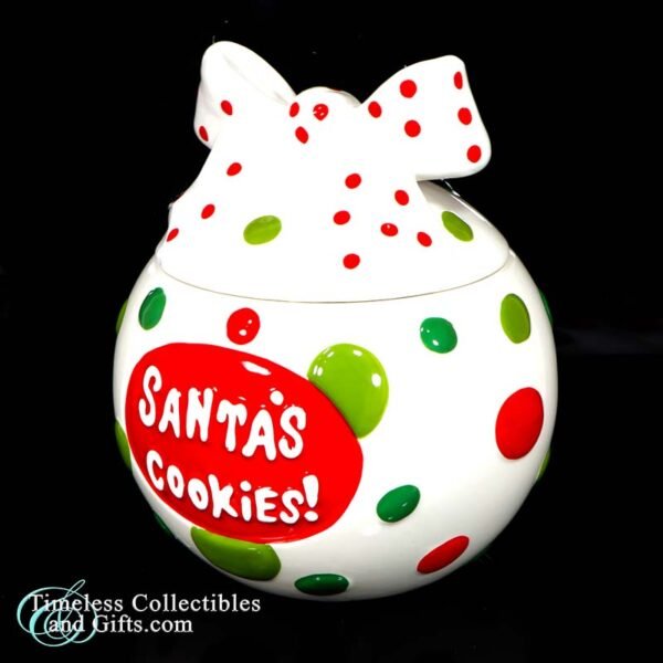 2008 Real Home Santas Cookies Earthenware Cookie Jar Polka Dot Bow Lid 2
