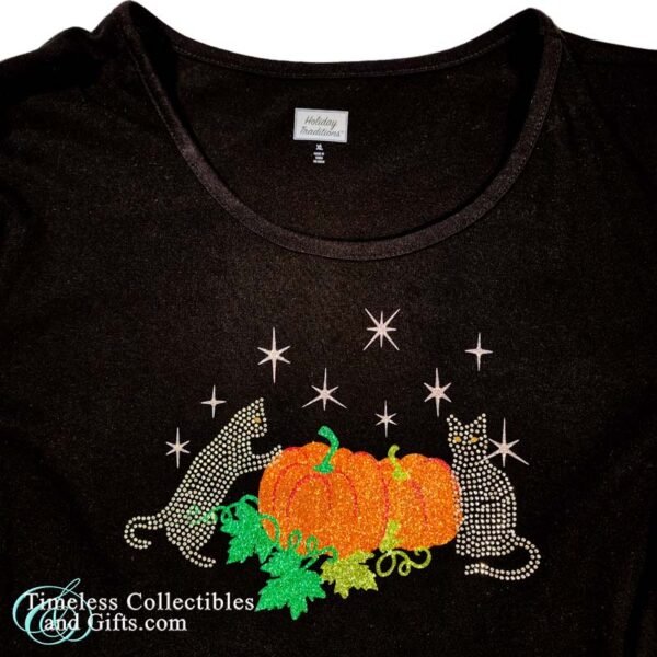 Holiday Traditions Black Pull Over Long Sleeve Glitter Pumpkin Design 1