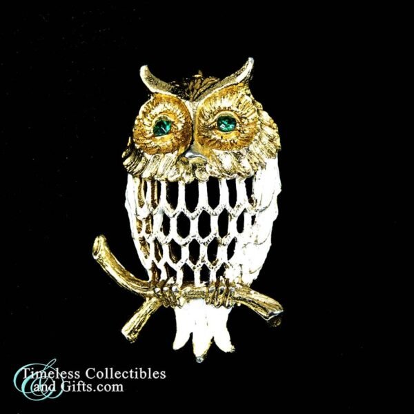 Owl Brooch Gold and Green Eyes 2