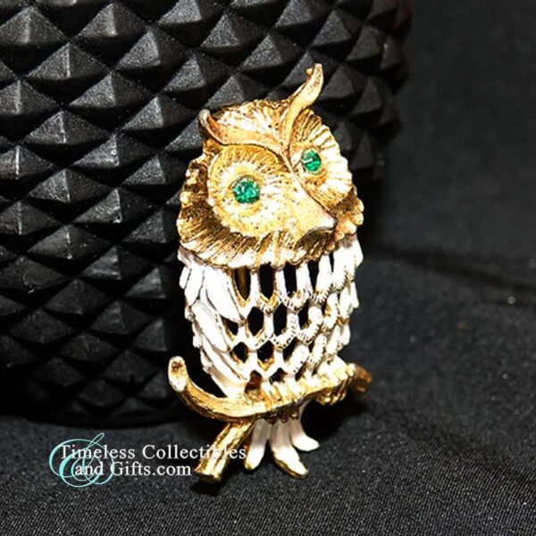 Owl Brooch Gold and Green Eyes 3