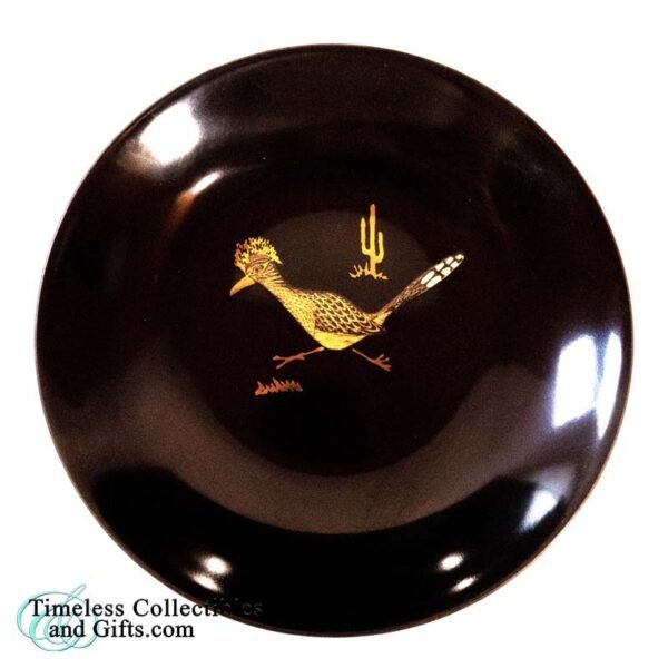 Vintage 1960s Couroc of Monterey Black Resin Inlaid Roadrunner Small Bowl 1