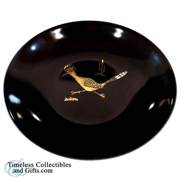 Vintage 1960s Couroc of Monterey Black Resin Inlaid Roadrunner Small Bowl 6