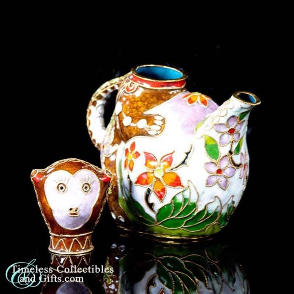 Vintage Cloisonne Enamel Gold Wire Decorative Miniature Monkey Teapot 6