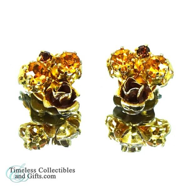 Antique Gold Crystal Rhinestone Clip On Earrings 1