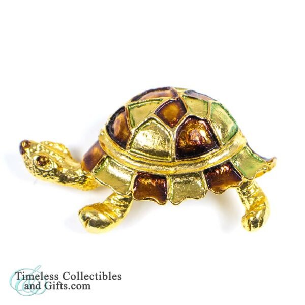 Vintage Turtle Pin Brooch Gold Tone Enameled Brown Green Shell 1